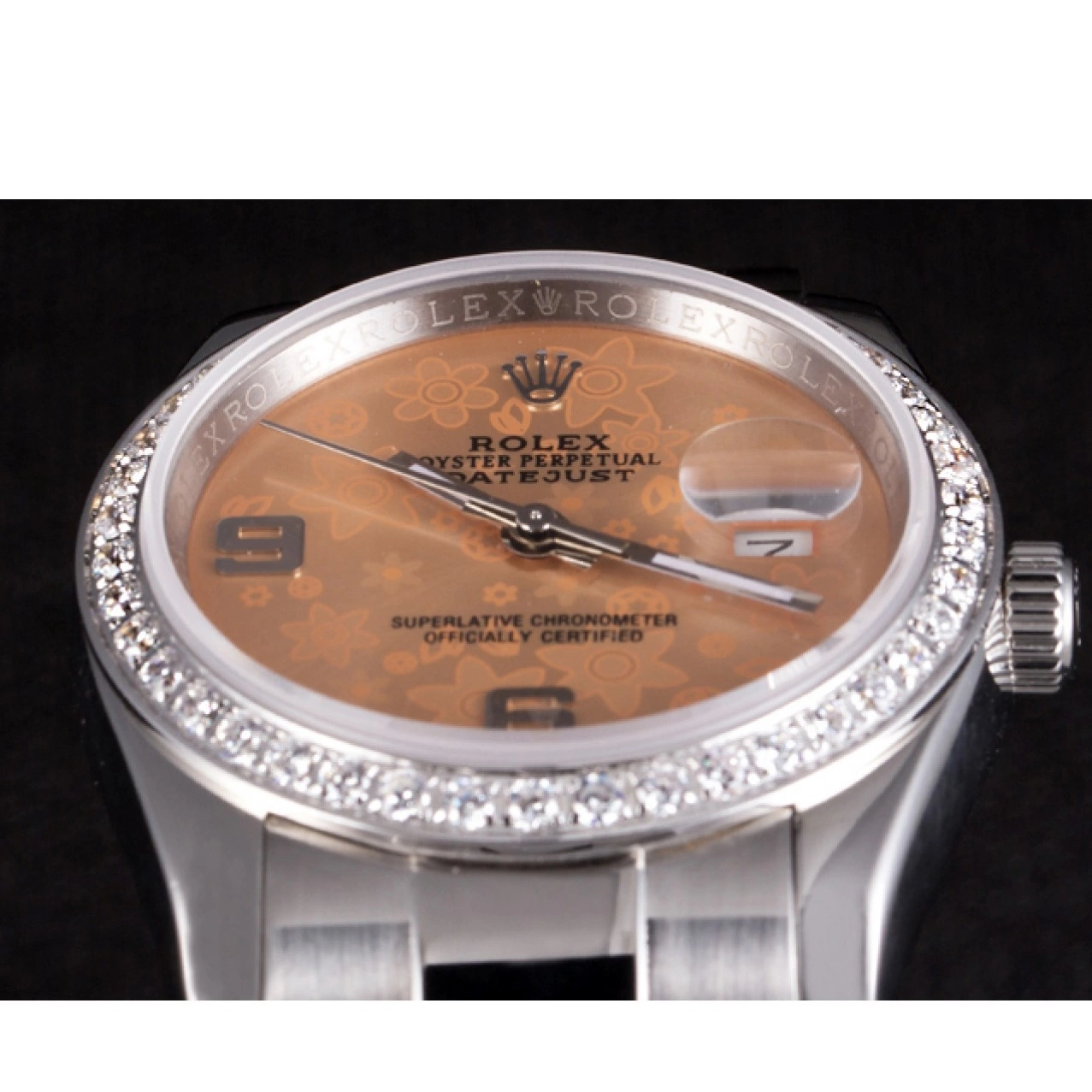 Good copy rolex watches Stainless Dial Orange Steel Rolex Diamond Polished Datejust Plated Flowers 0704